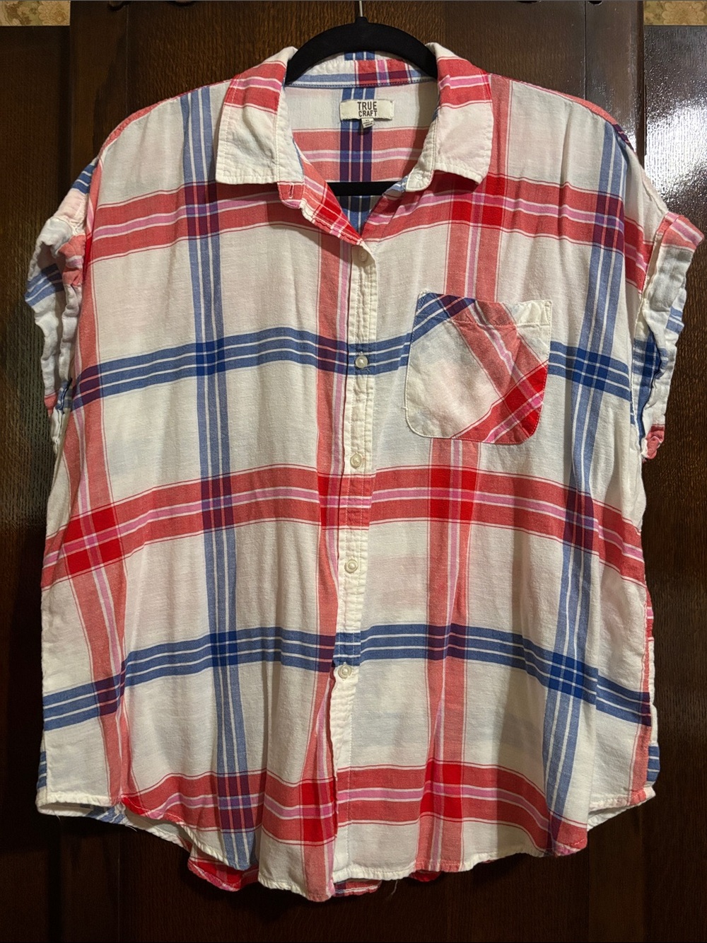 True Craft Red, Blue and White Plaid Short-Sleeve Button-Down